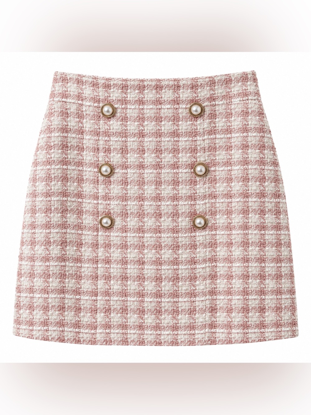 Aura Pink & Cream Tweed Mini Skirt with Pearl Buttons